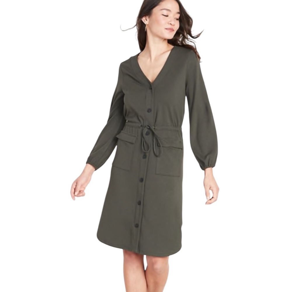Old Navy Dress MEDIUM Button-Up Utility Knit Olive Green Long Sleeves EUC